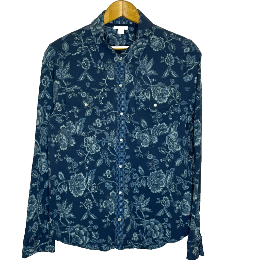 Women's Large Sundance Blue Floral Snap Cotton Button Down Shirt